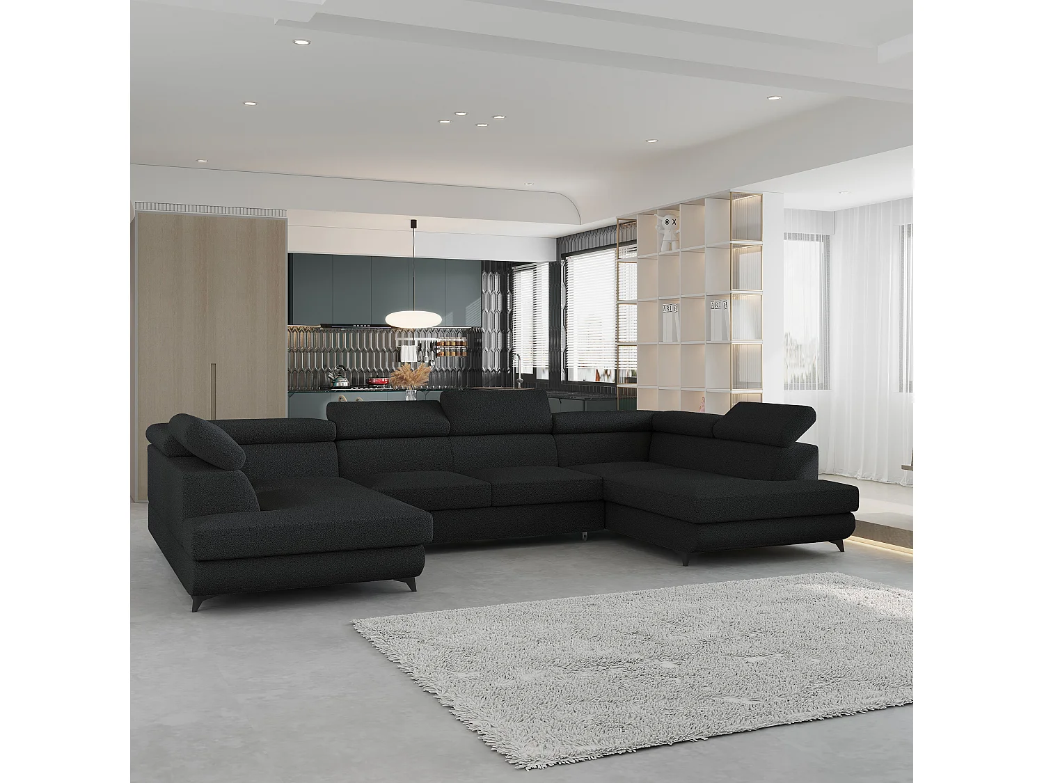 Canapé d'angle VINTESSA Noir en bouclé avec fonction de couchage