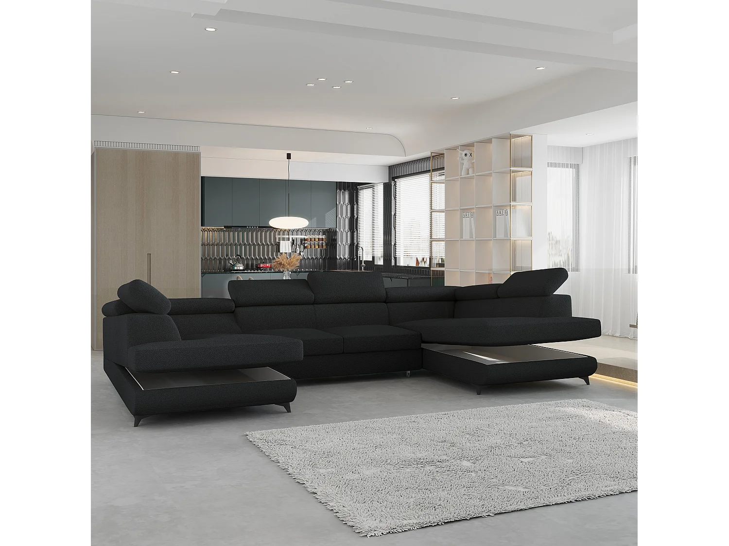 Canapé d'angle VINTESSA Noir en bouclé avec fonction de couchage