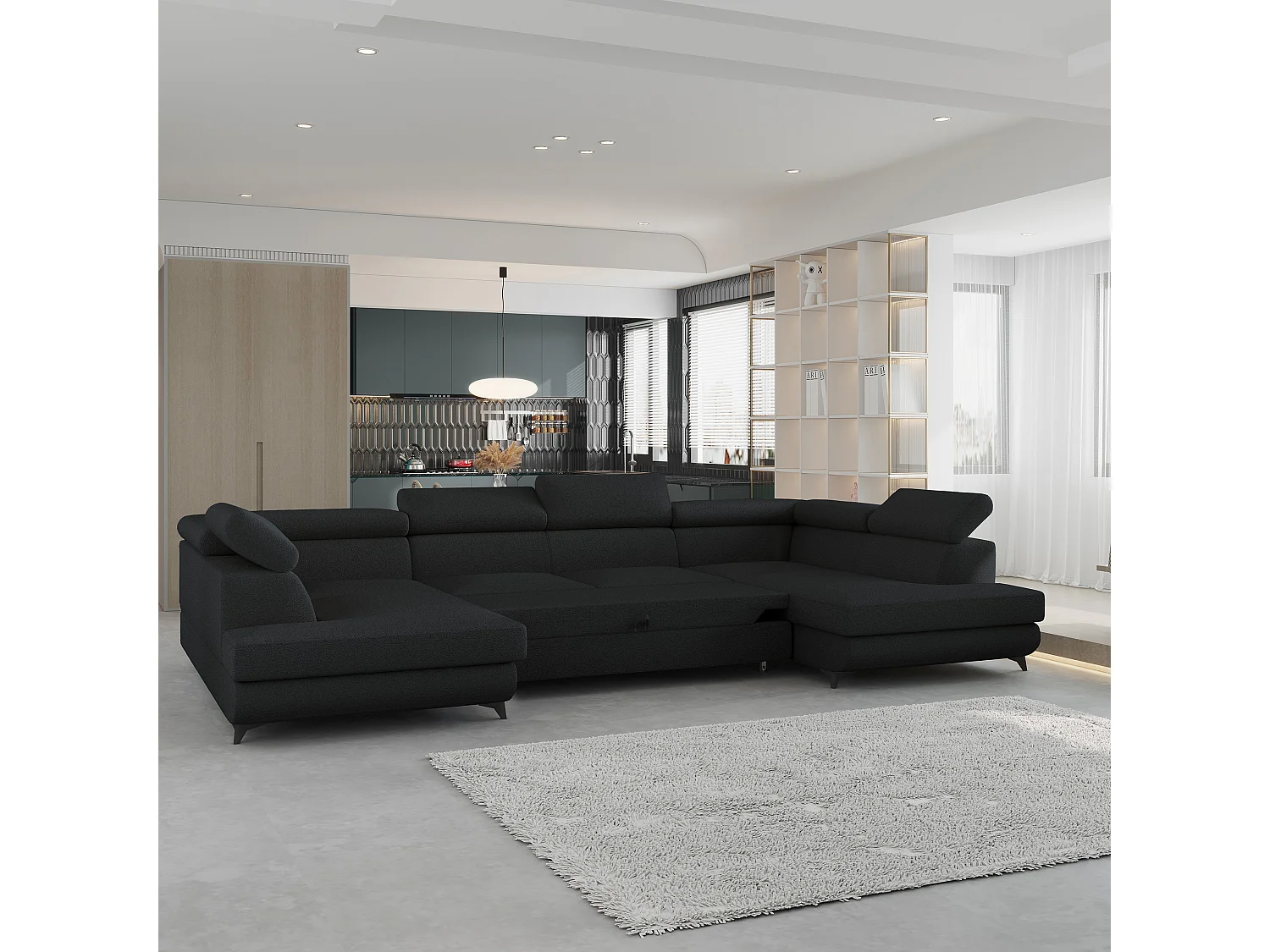 Canapé d'angle VINTESSA Noir en bouclé avec fonction de couchage