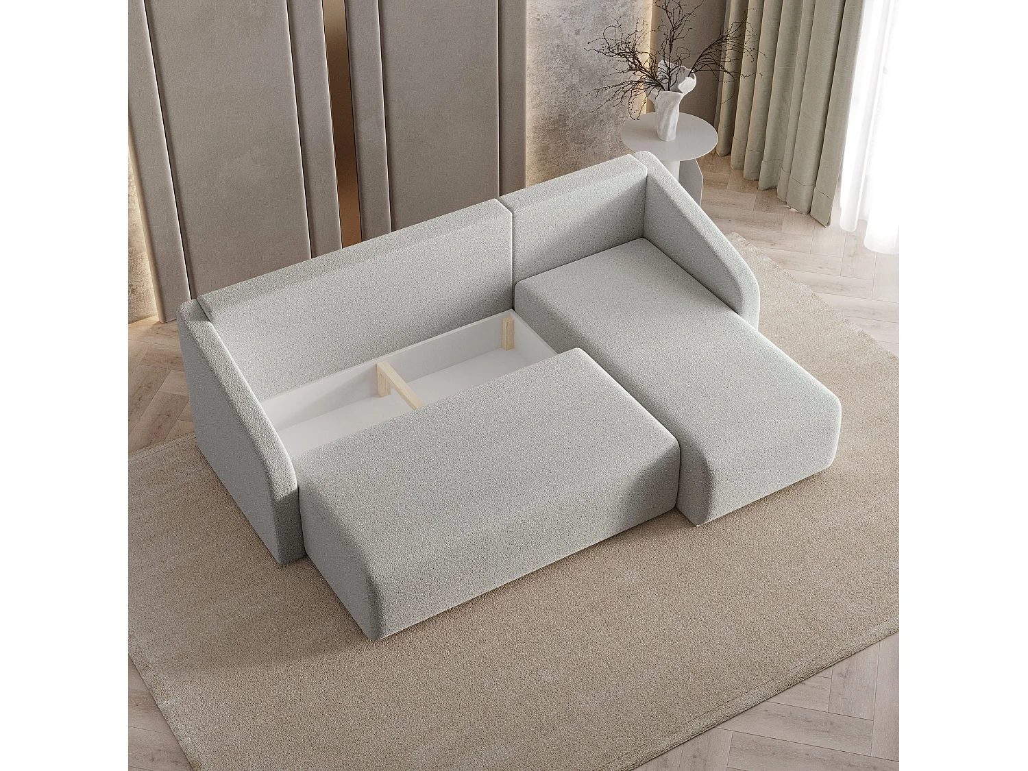 Hoekbank MARELLO van fluweel met slaapfunctie Hellgrau