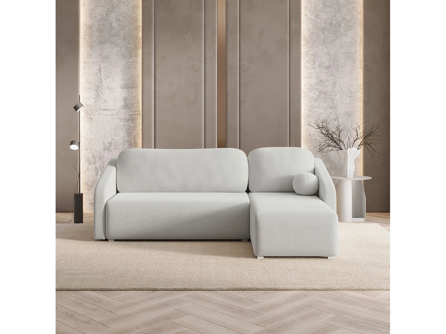Hoekbank MARELLO van fluweel met slaapfunctie Hellgrau
