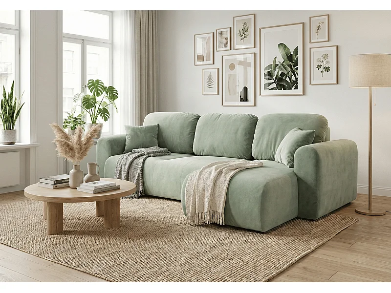 Canapé d’angle convertible élégant, version droite, BINGO L, 245 × 148 × 87 cm, en tissu Kronos 47 vert