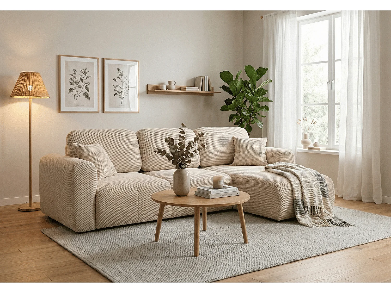 Canapé d’angle convertible élégant, version droite, BINGO L, 245 × 148 × 87 cm, en tissu Pop 6 crème