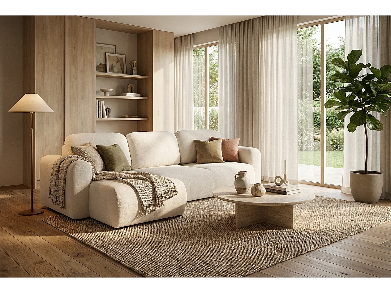 Canapé d’angle convertible élégant, version gauche, BINGO L, 245 × 148 × 87 cm, en tissu Gerra 5 blanc