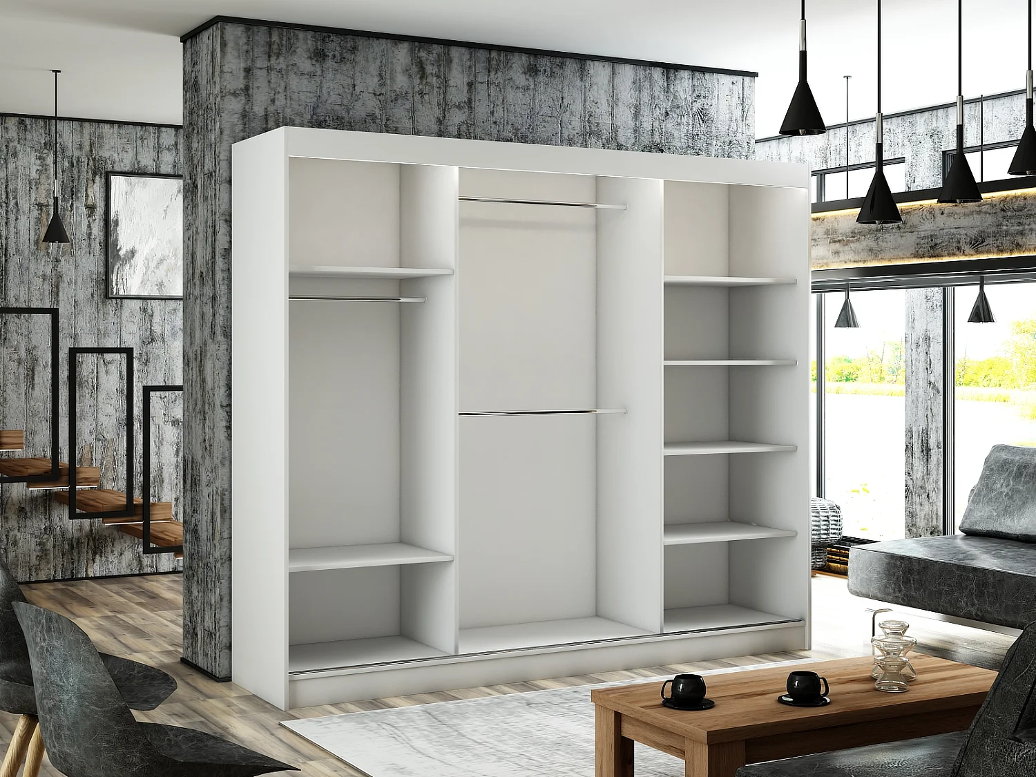 Armoire coulissante ARTON 250 cm blanche avec lamelles – design moderne et fonctionnalité