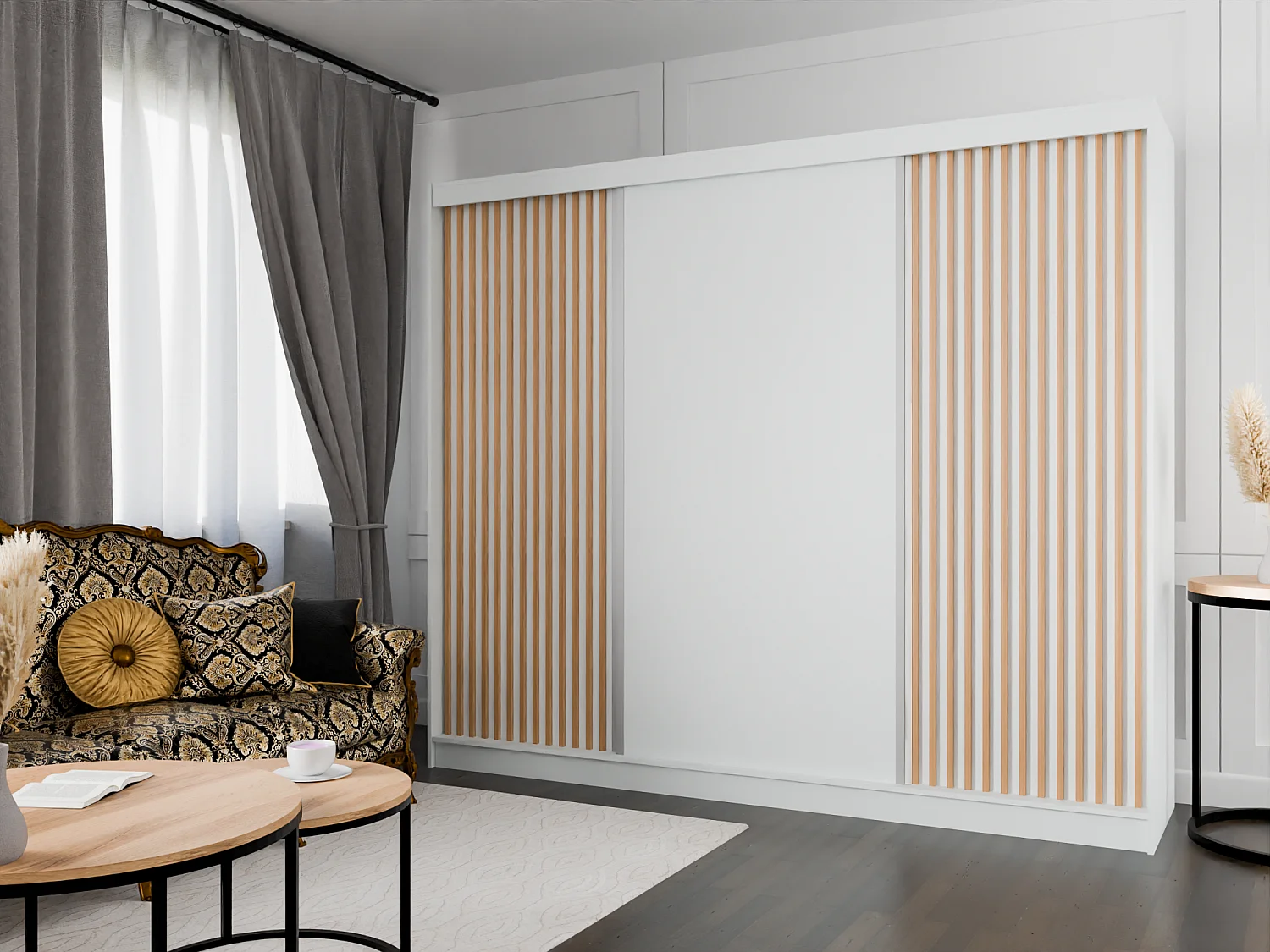Armoire coulissante ARTON 250 cm blanche avec lamelles – design moderne et fonctionnalité