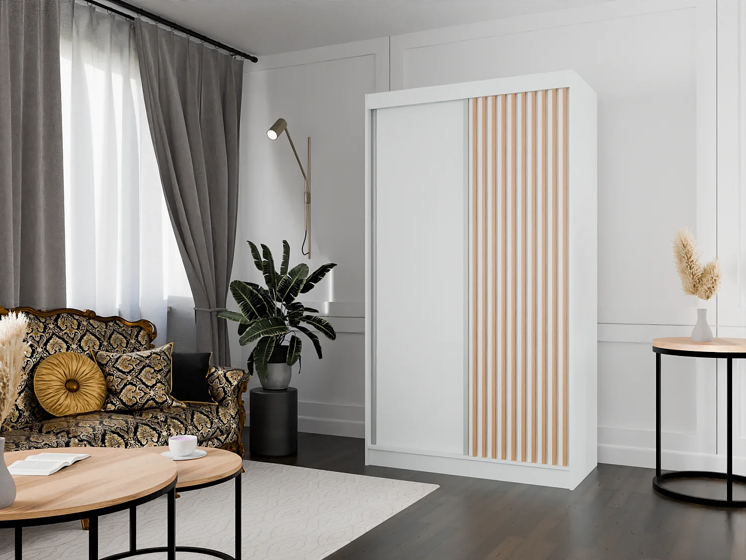 Armoire coulissante ARTON 120 cm blanche avec lamelles – design moderne et fonctionnalité