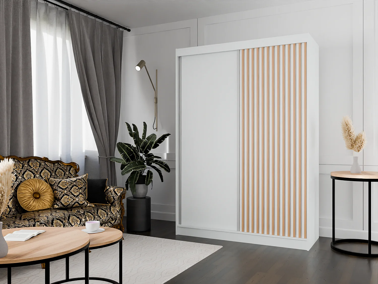 Armoire coulissante ARTON 150 cm blanche avec lamelles – design moderne et fonctionnalité