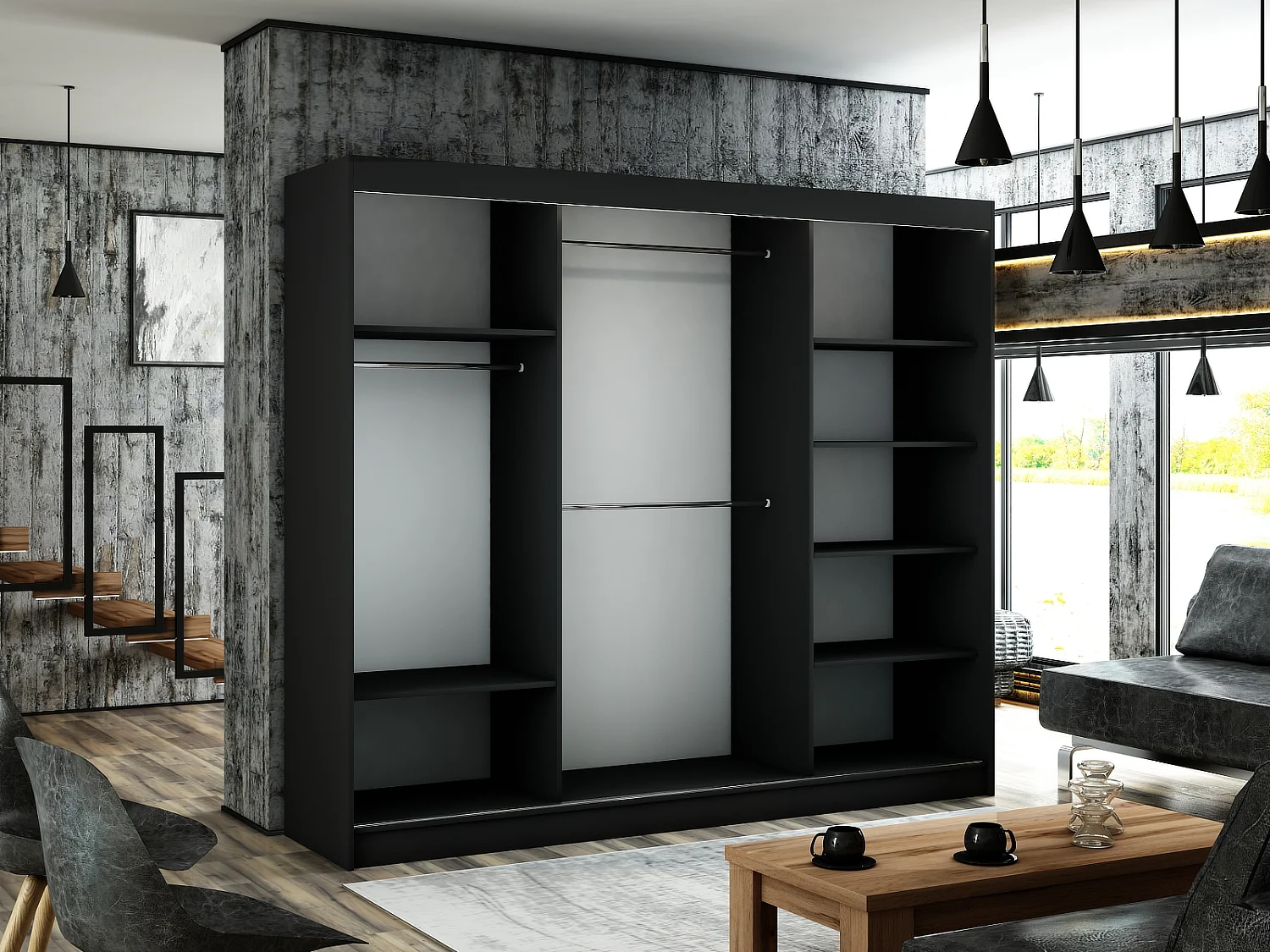 Armoire coulissante ARTON 250 cm noire avec lamelles – design moderne et fonctionnalité