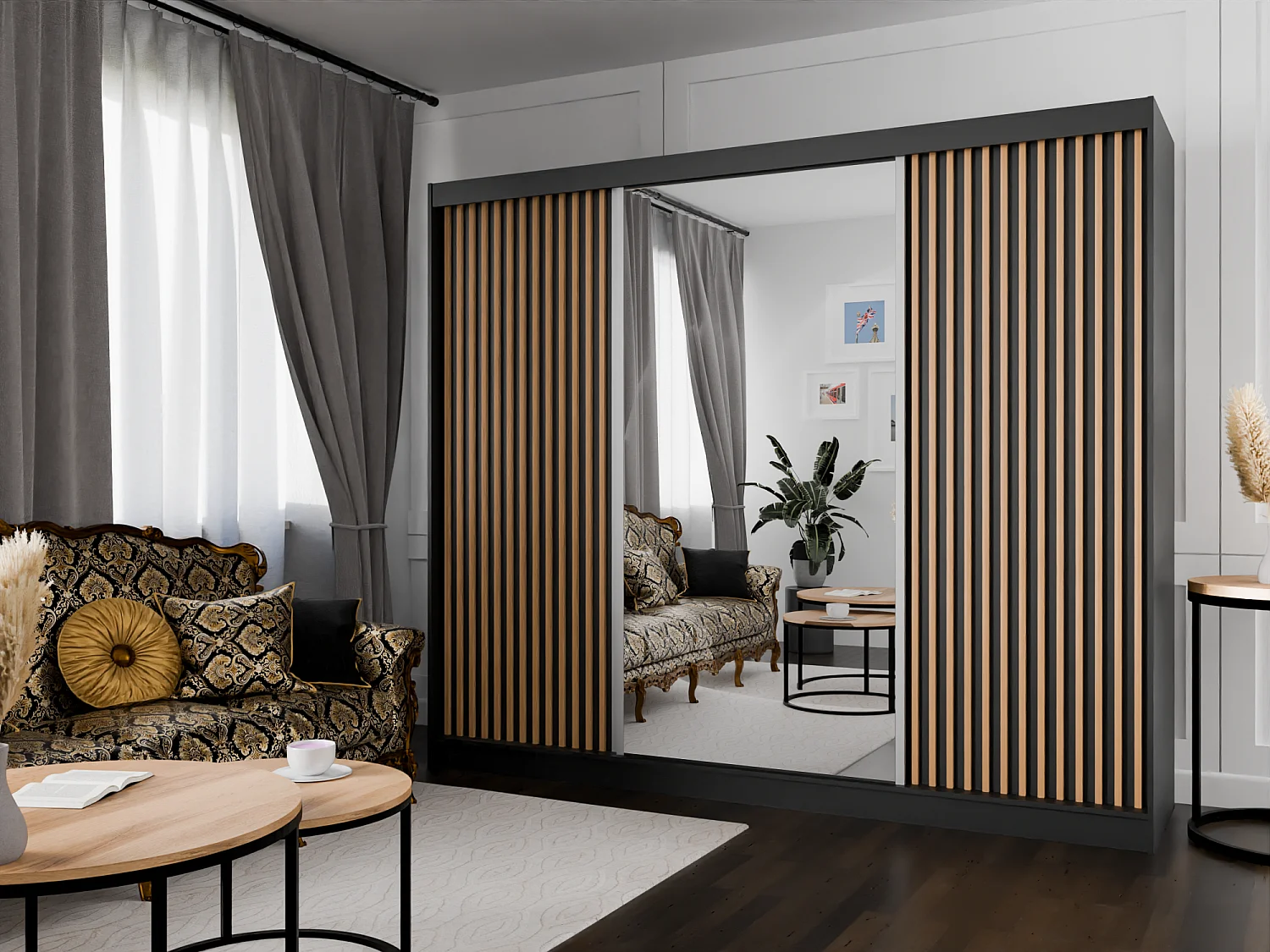 Armoire coulissante ARTON 250 cm noire avec lamelles – design moderne et fonctionnalité