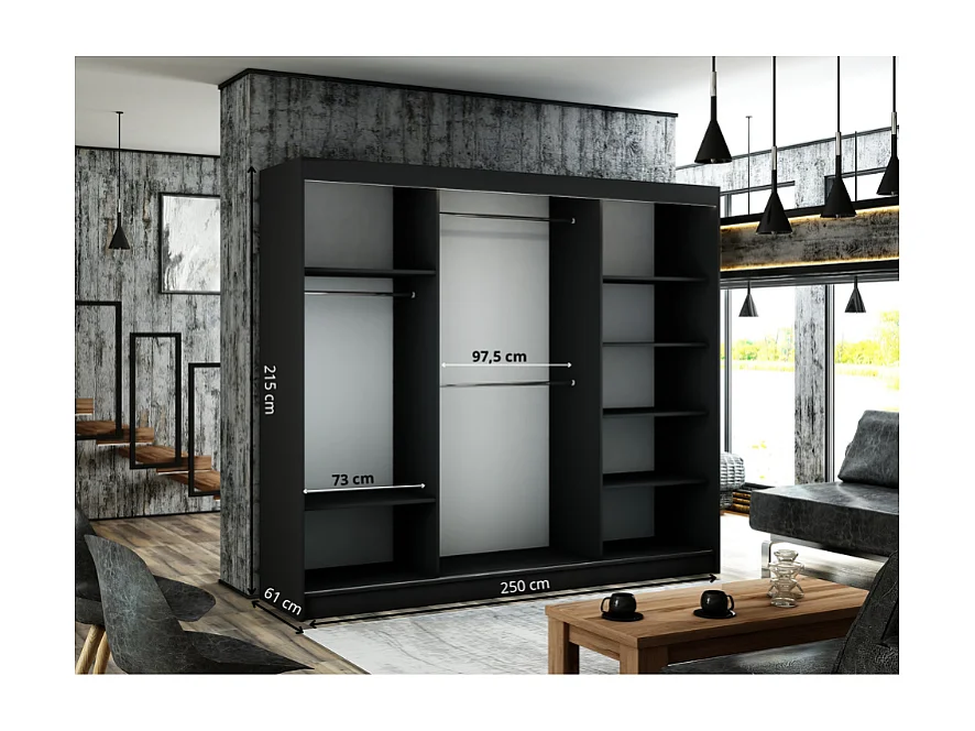 Armoire coulissante ARTON 250 cm noire avec lamelles – design moderne et fonctionnalité