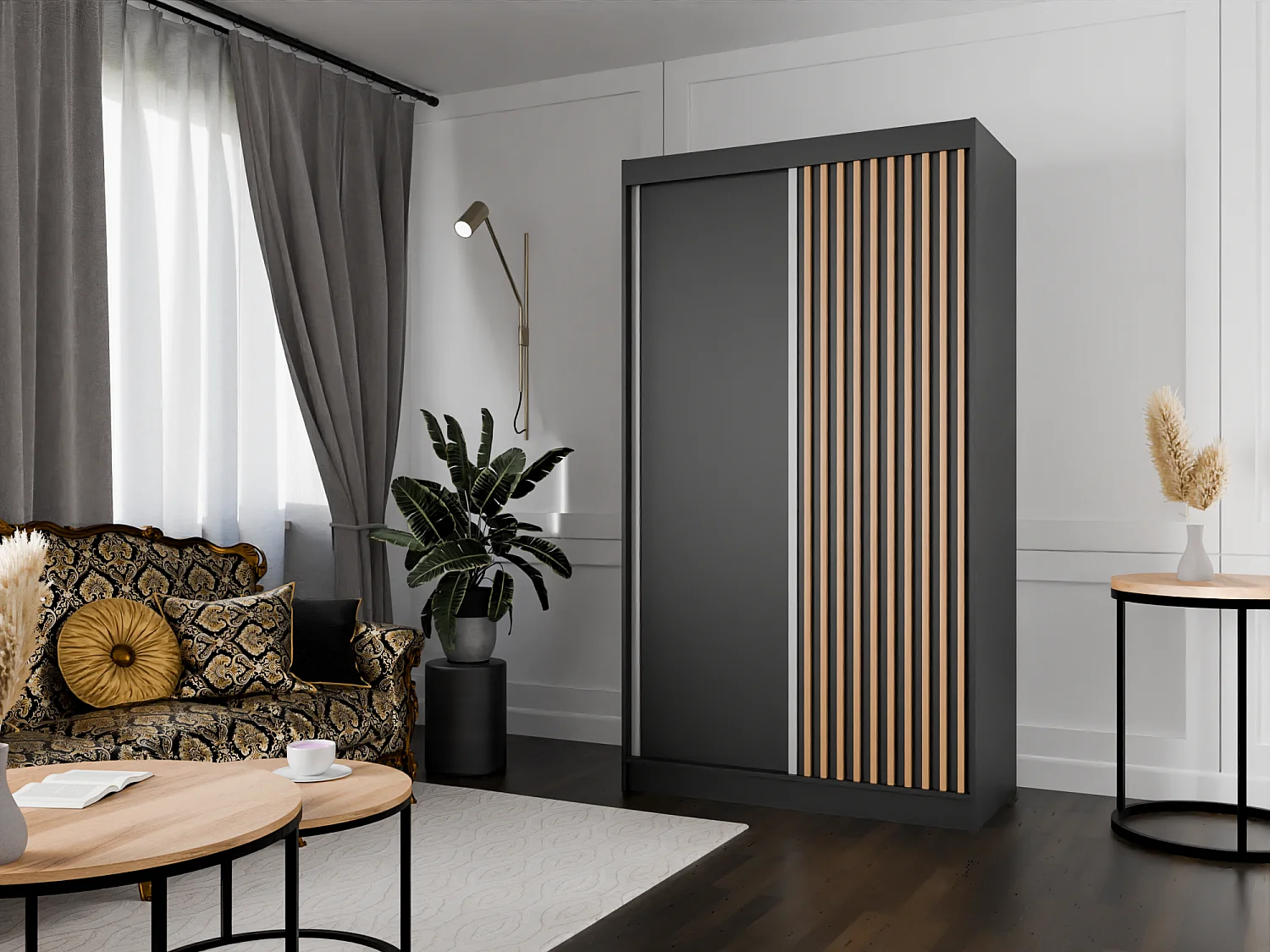 Armoire coulissante ARTON 120 cm noire avec lamelles – design moderne et fonctionnalité