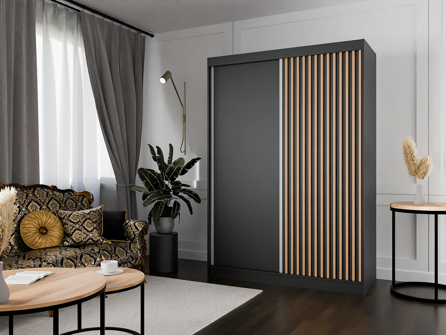 Schuifdeurkast ARTON 150 cm zwart met lamellen – modern design en functionaliteit