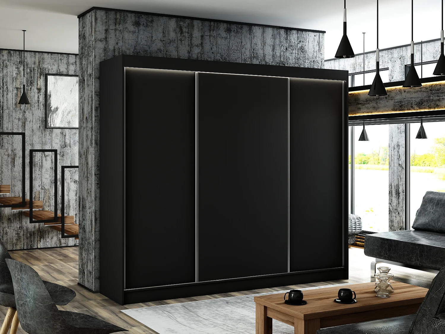 Armoire coulissante ARTON Noir 250 cm – armoire moderne pour chambre et dressing