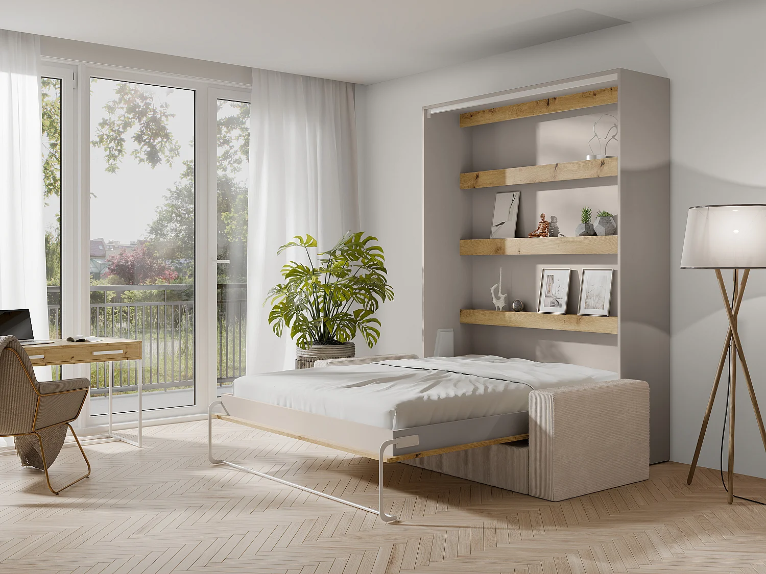 Lit escamotable 160 x 200 cm - Ouverture verticale manuelle - Avec LEDs - Beige et naturel + Canapé + Matelas - RAPILI