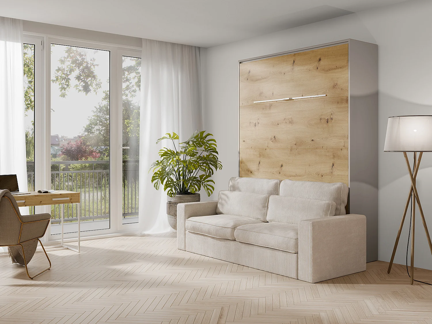 Lit escamotable 160 x 200 cm - Ouverture verticale manuelle - Avec LEDs - Beige et naturel + Canapé + Matelas - RAPILI