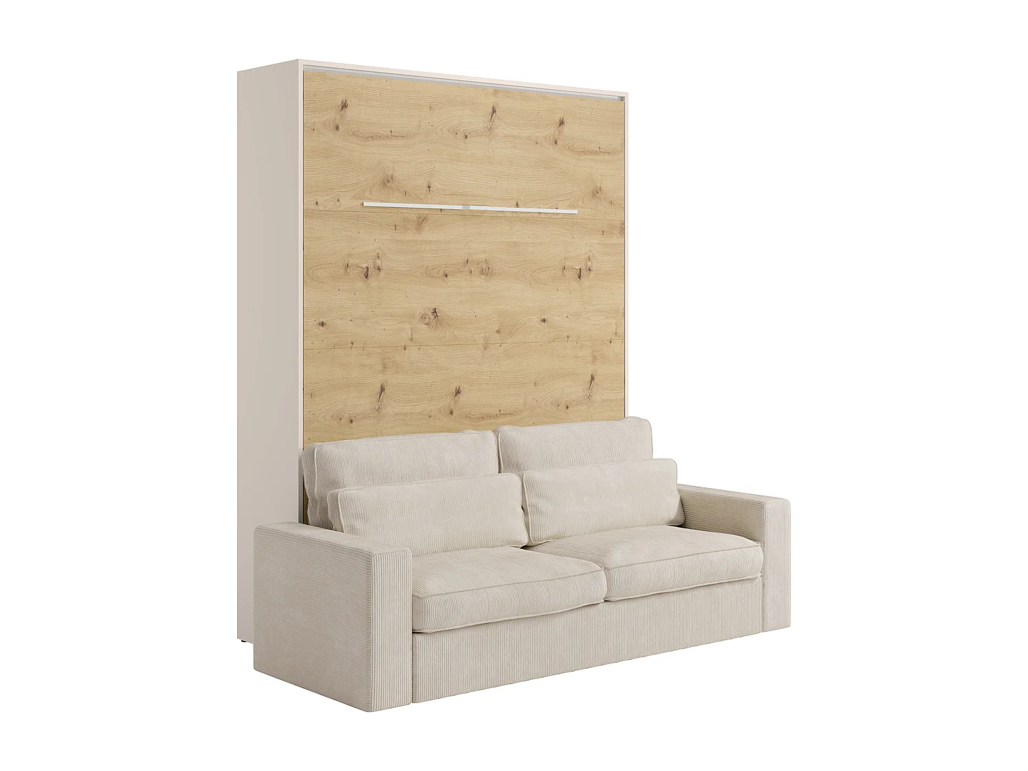 Lit escamotable 160 x 200 cm - Ouverture verticale manuelle - Avec LEDs - Beige et naturel + Canapé + Matelas - RAPILI