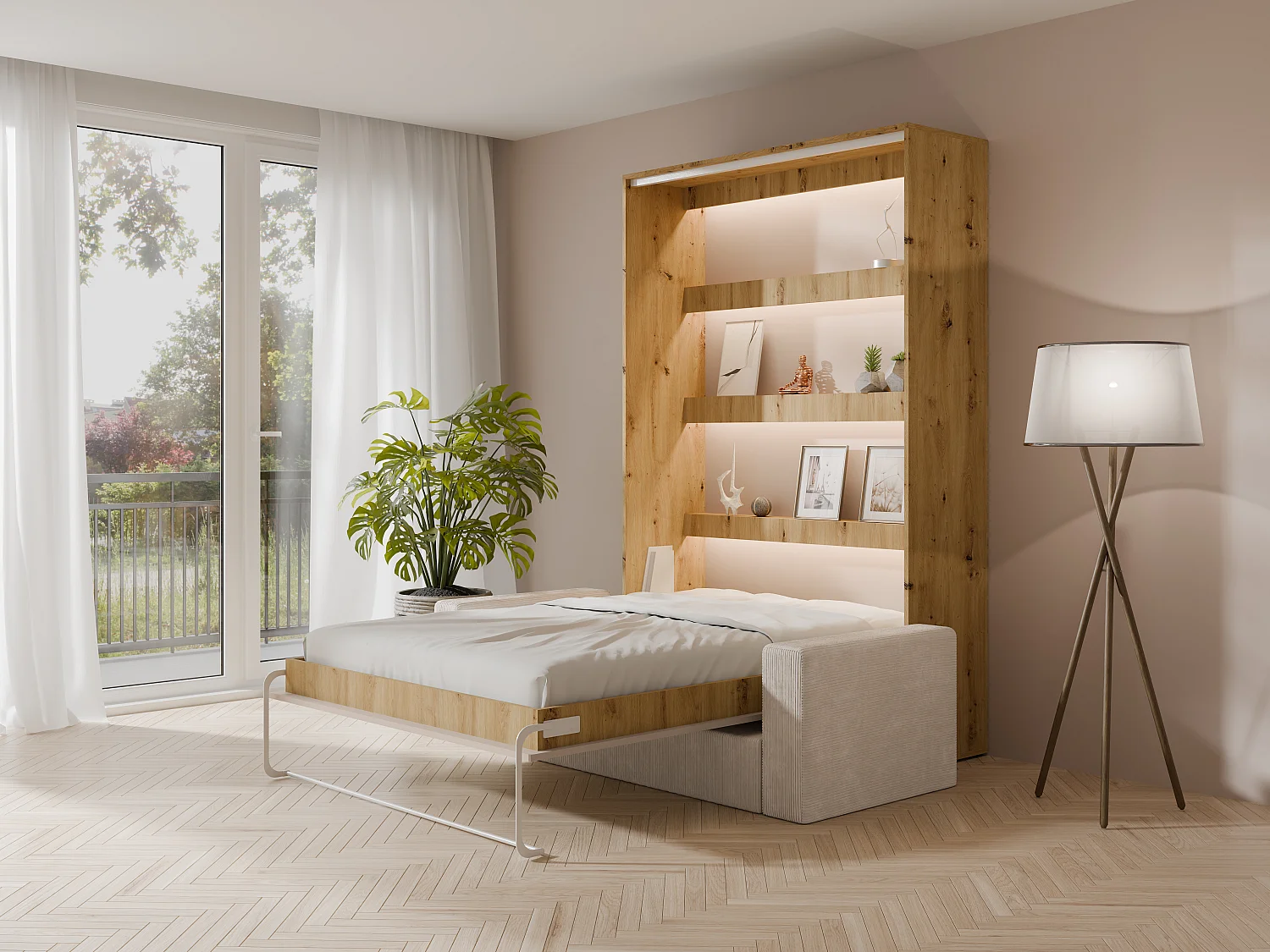 Lit escamotable 160 x 200 cm - Ouverture verticale manuelle - Avec LEDs - Beige et naturel + Canapé en velours côtelé beige + Matelas - RAPILI