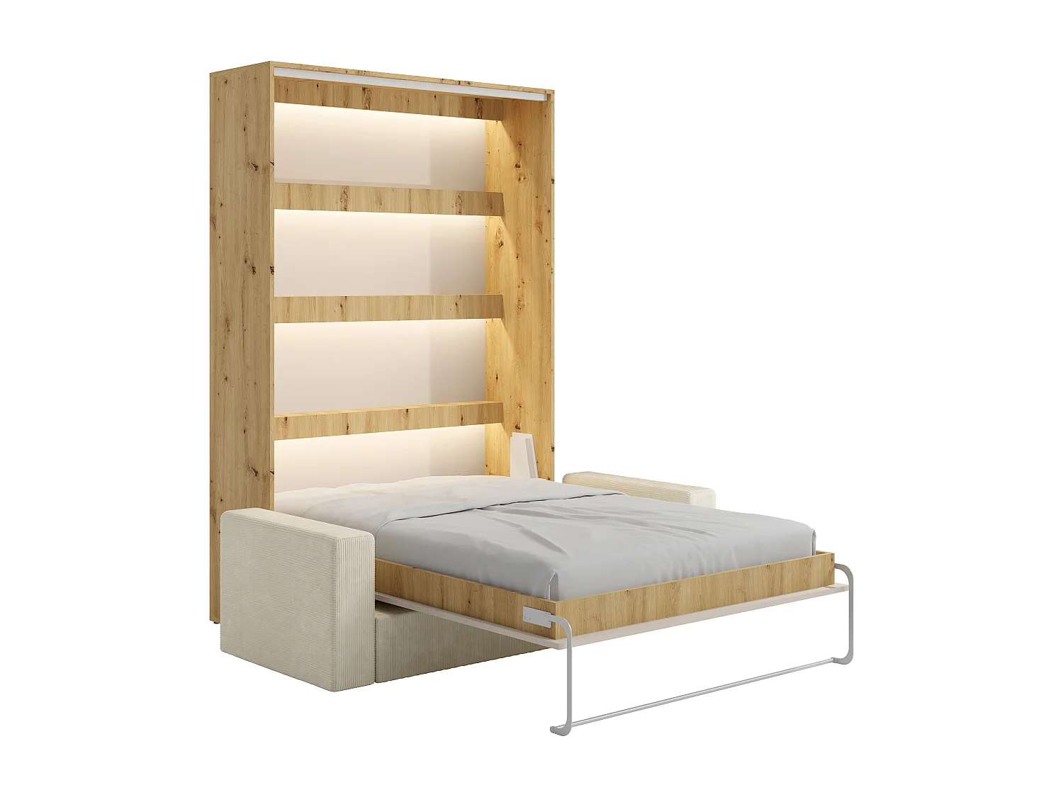 Lit escamotable 160 x 200 cm - Ouverture verticale manuelle - Avec LEDs - Beige et naturel + Canapé en velours côtelé beige + Matelas - RAPILI