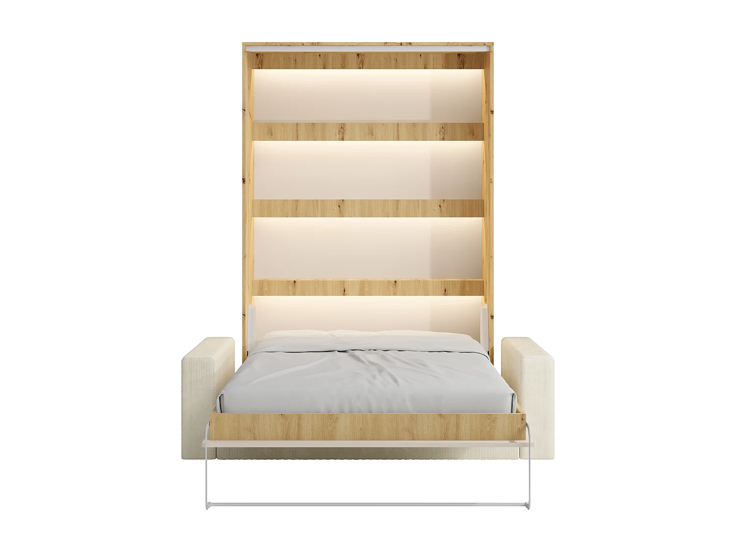 Lit escamotable 160 x 200 cm - Ouverture verticale manuelle - Avec LEDs - Beige et naturel + Canapé en velours côtelé beige + Matelas - RAPILI