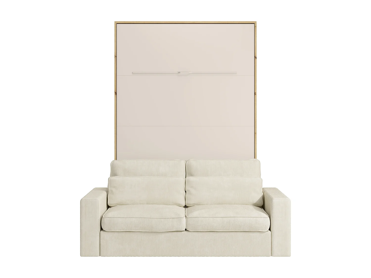 Lit escamotable 160 x 200 cm - Ouverture verticale manuelle - Avec LEDs - Beige et naturel + Canapé en velours côtelé beige + Matelas - RAPILI