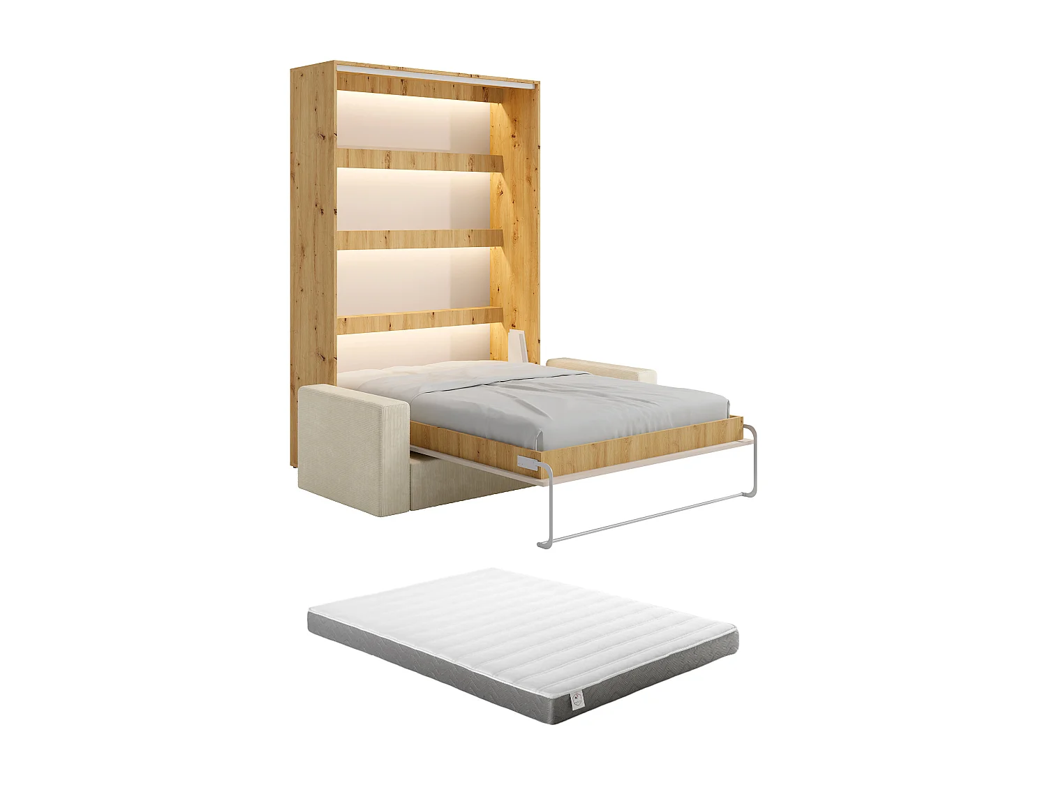 Lit escamotable 160 x 200 cm - Ouverture verticale manuelle - Avec LEDs - Beige et naturel + Canapé en velours côtelé beige + Matelas - RAPILI