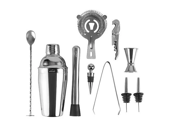 Set Cocktail 10 pièces inox 18/10 avec support bambou naturel - Shaker, cuillère, pilon, doseur, pince à glaçons