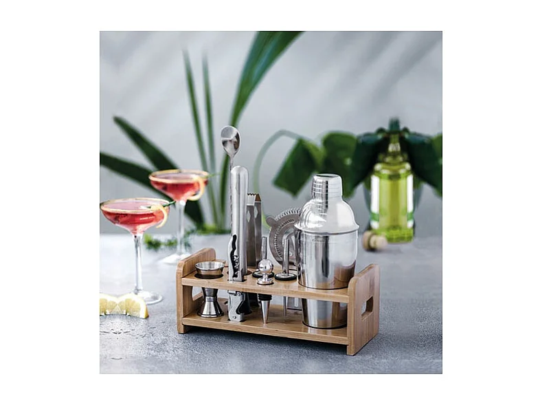 Set Cocktail 10 pièces inox 18/10 avec support bambou naturel - Shaker, cuillère, pilon, doseur, pince à glaçons