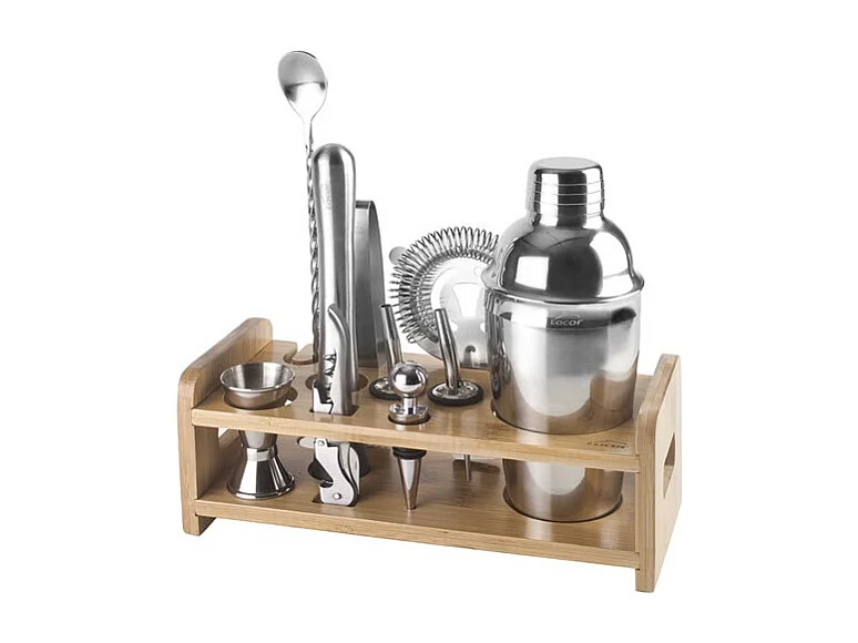 Set Cocktail 10 pièces inox 18/10 avec support bambou naturel - Shaker, cuillère, pilon, doseur, pince à glaçons