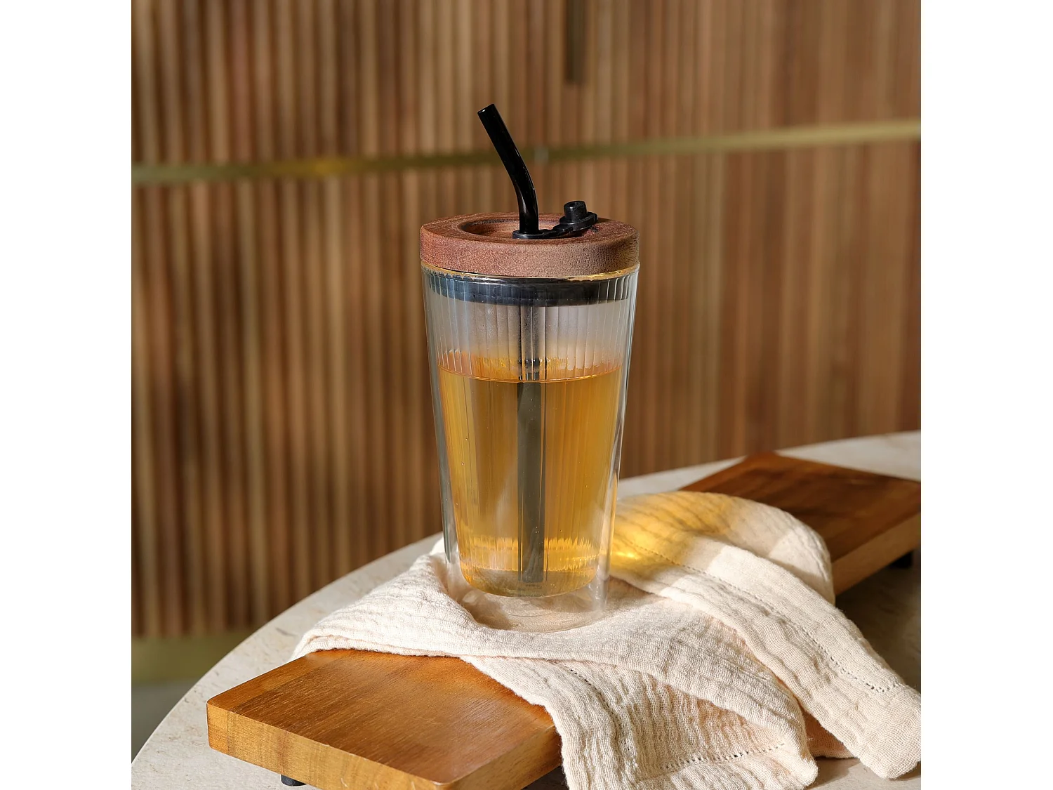 Ogo Living - Gobelet Fusion 50cl En Verre Borosilicate Avec Paille Et Couvercle En Bois