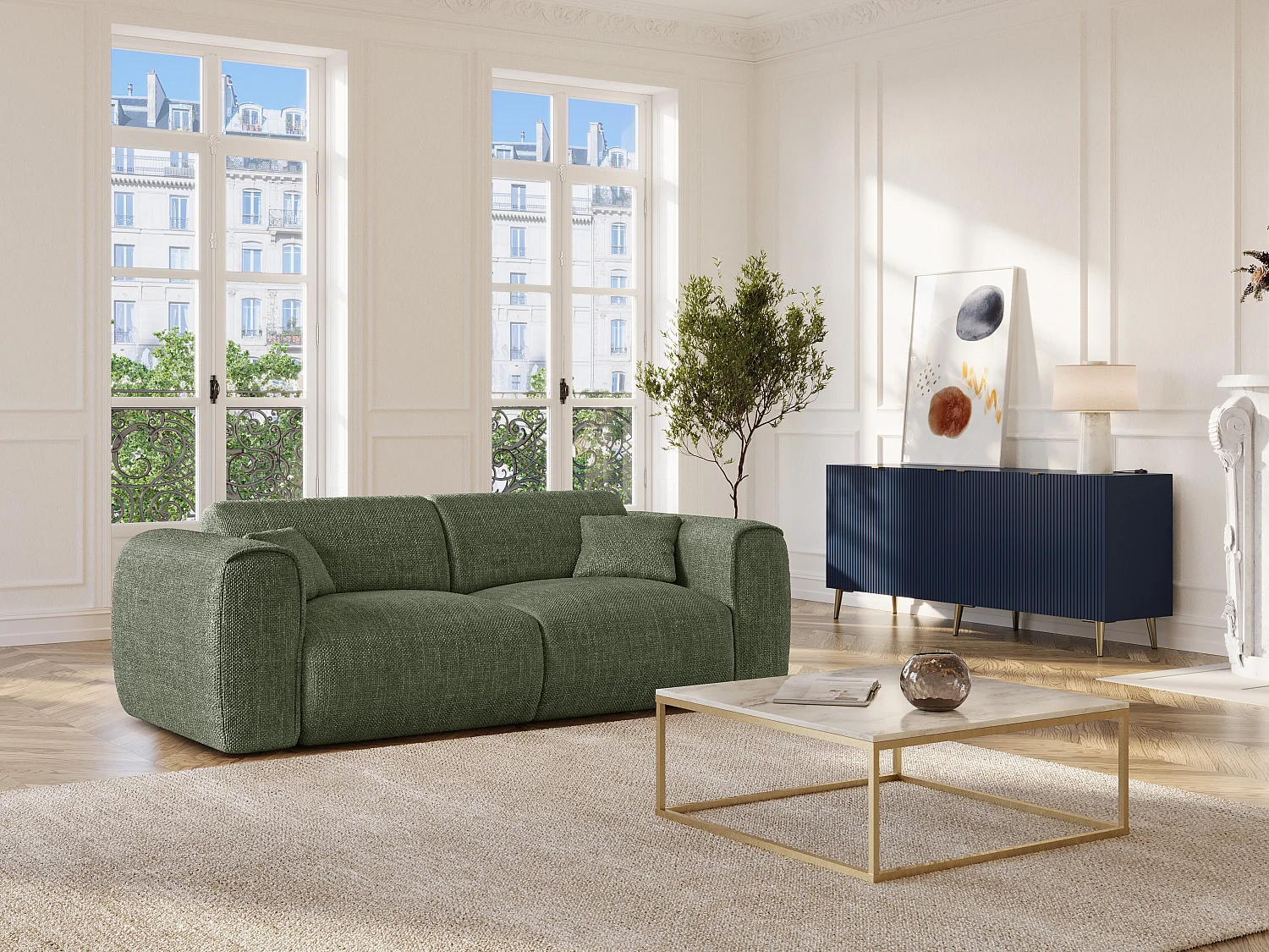 Canapé 3 places convertible express en tissu texturé vert kaki - Matelas 16 cm mémoire de forme POGNIA