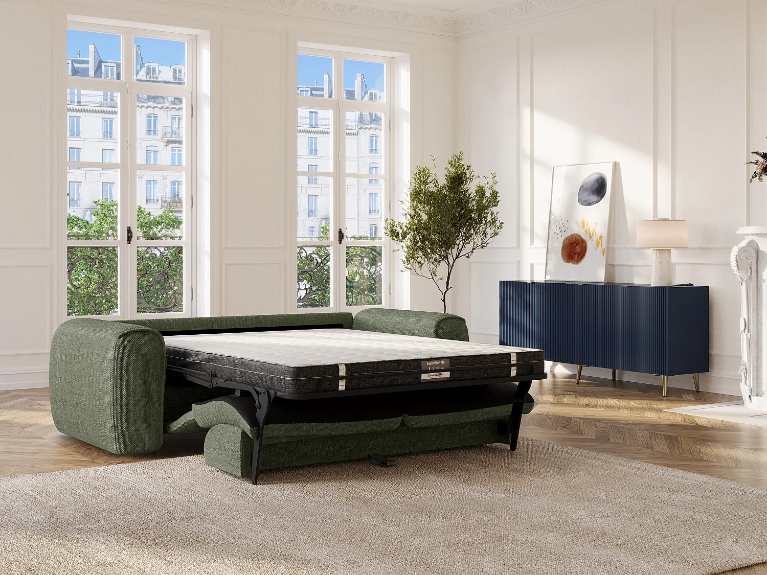 Canapé 3 places convertible express en tissu texturé vert kaki - Matelas 16 cm mémoire de forme POGNIA