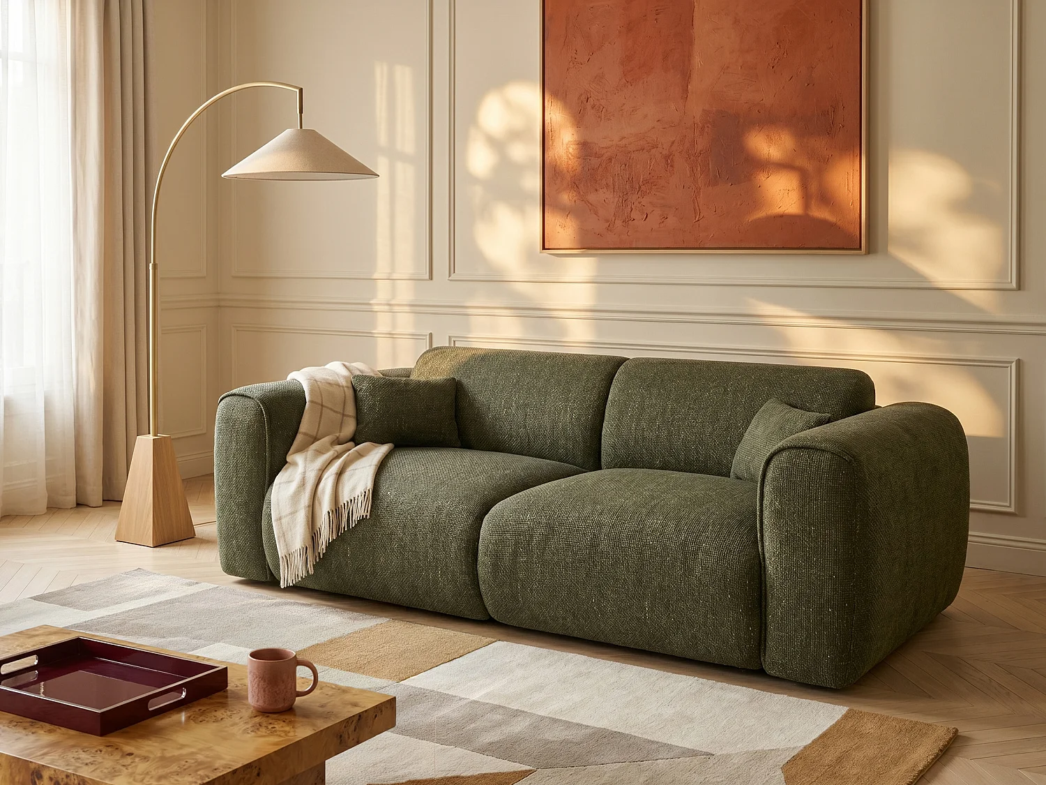 Canapé 3 places convertible express en tissu texturé vert kaki - Couchage 140 cm - Matelas 16 cm mémoire de forme POGNIA