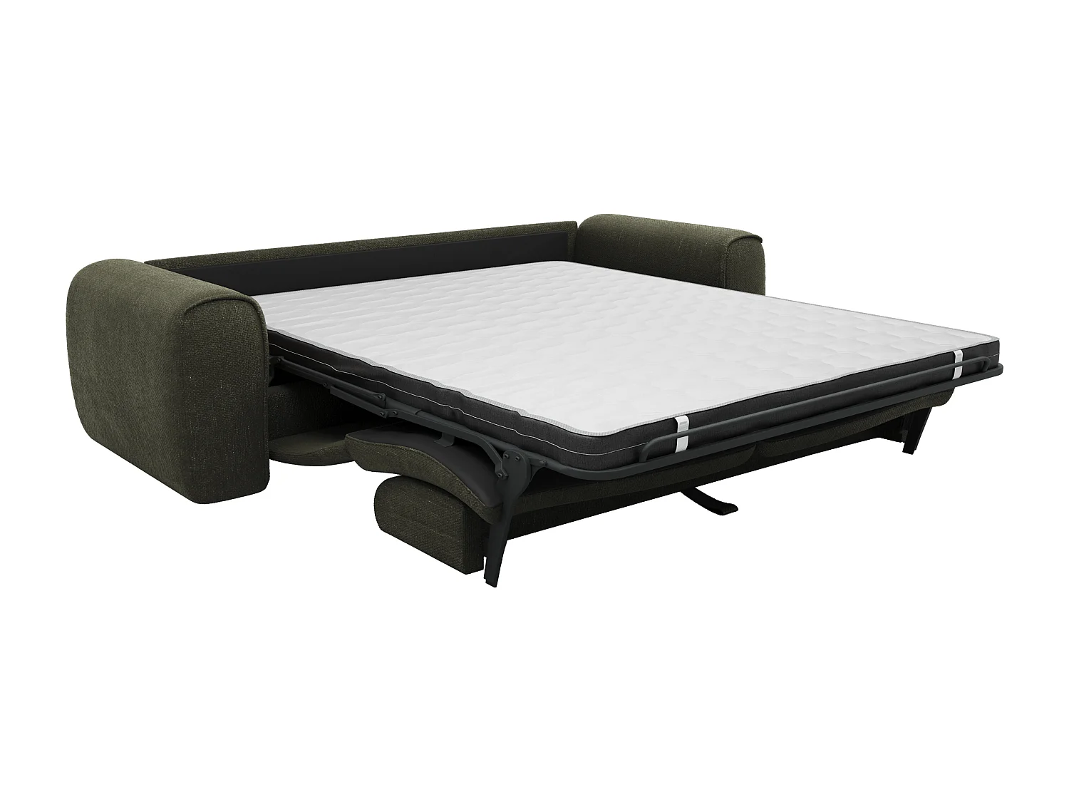 Canapé 4 places convertible express en tissu texturé vert kaki - Matelas 16 cm mémoire de forme POGNIA