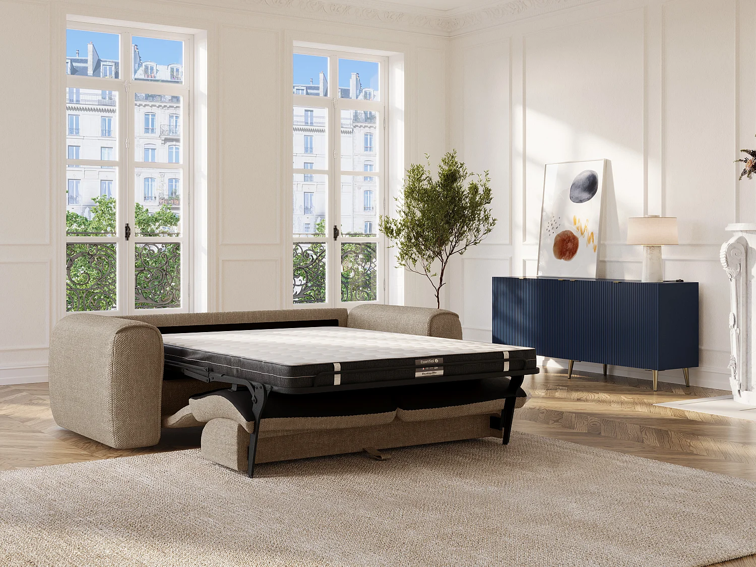 Canapé 3 places convertible express en tissu texturé taupe - Matelas 13 cm mémoire de forme POGNIA