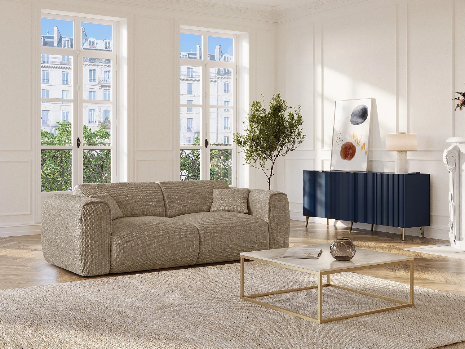 Canapé 3 places convertible express en tissu texturé taupe - Matelas 13 cm mémoire de forme POGNIA