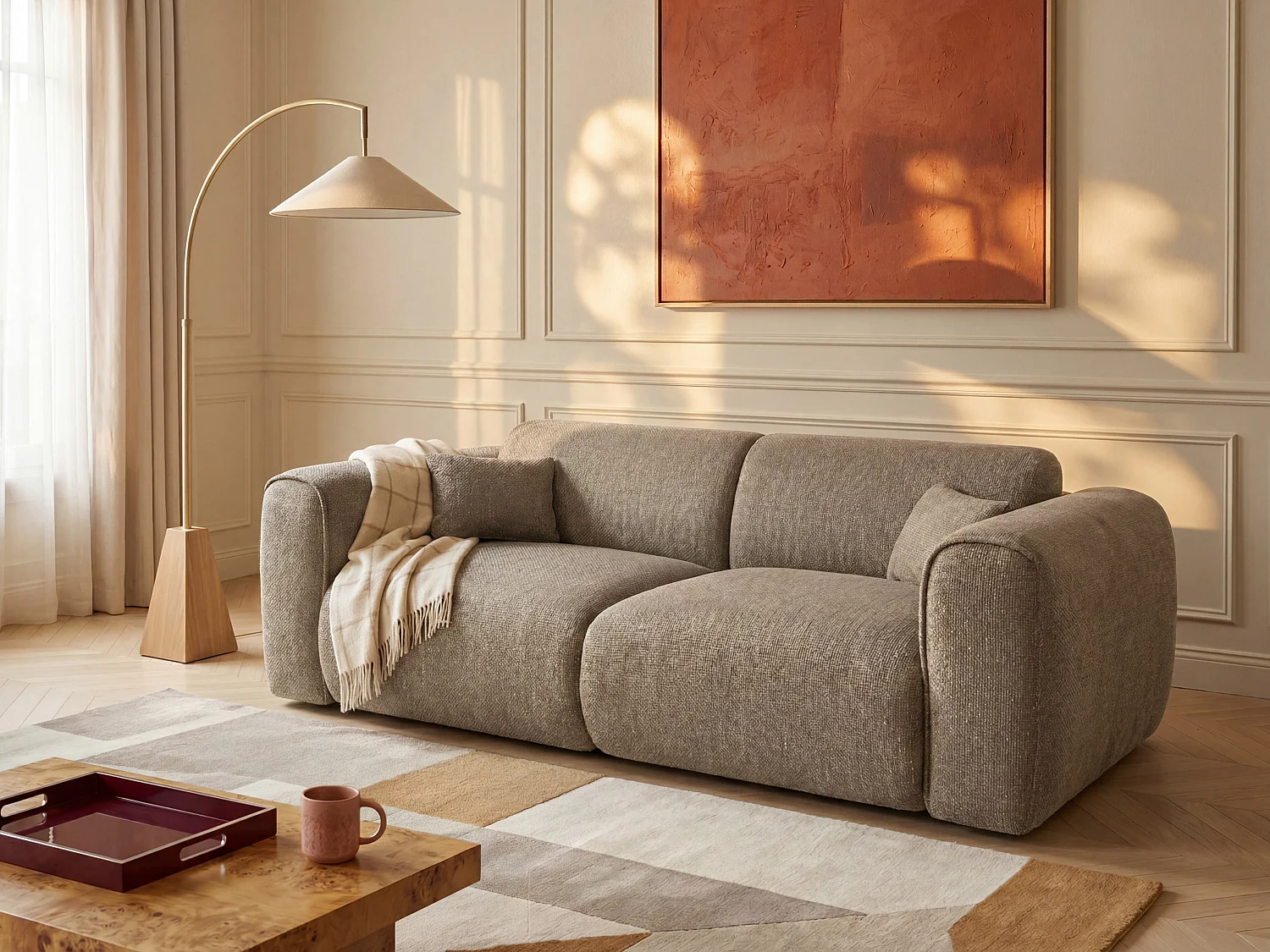 Canapé 3 places convertible express en tissu texturé taupe - Couchage 140 cm - Matelas 13 cm mémoire de forme POGNIA