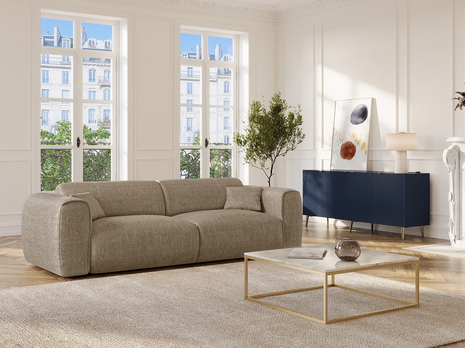 Canapé 4 places convertible express en tissu texturé taupe - Matelas 13 cm mémoire de forme POGNIA