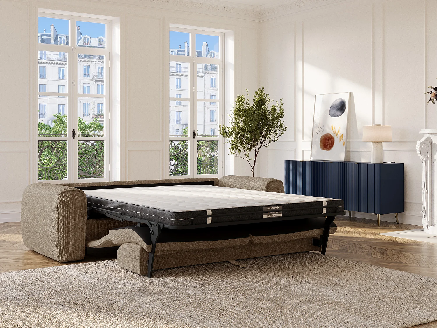 Canapé 4 places convertible express en tissu texturé taupe - Matelas 13 cm mémoire de forme POGNIA