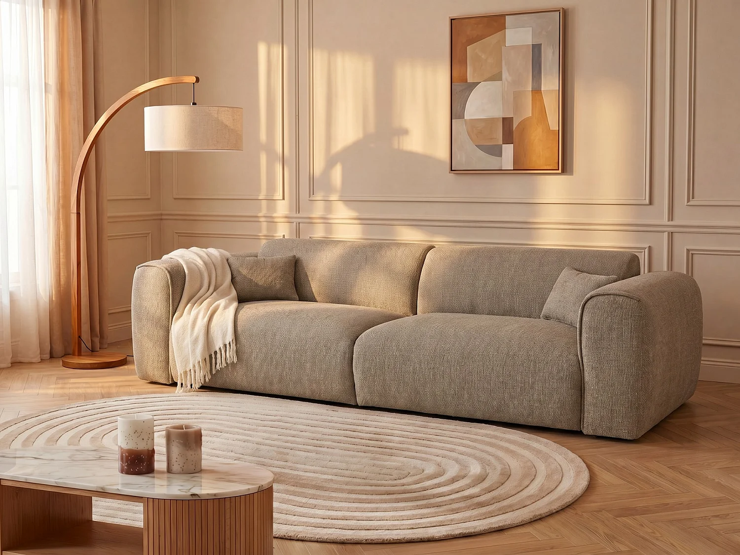 Canapé 4 places convertible express en tissu texturé taupe - Couchage 160 cm - Matelas 16 cm mémoire de forme POGNIA