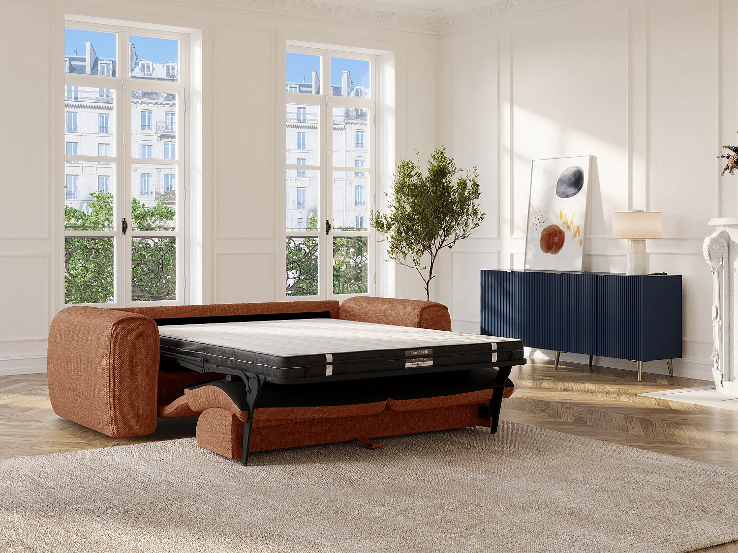 Canapé 3 places convertible express en tissu texturé terracotta - Matelas 13 cm mémoire de forme POGNIA