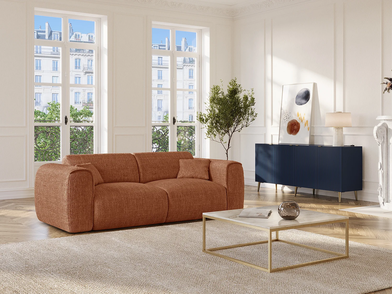 Canapé 3 places convertible express en tissu texturé terracotta - Matelas 13 cm mémoire de forme POGNIA