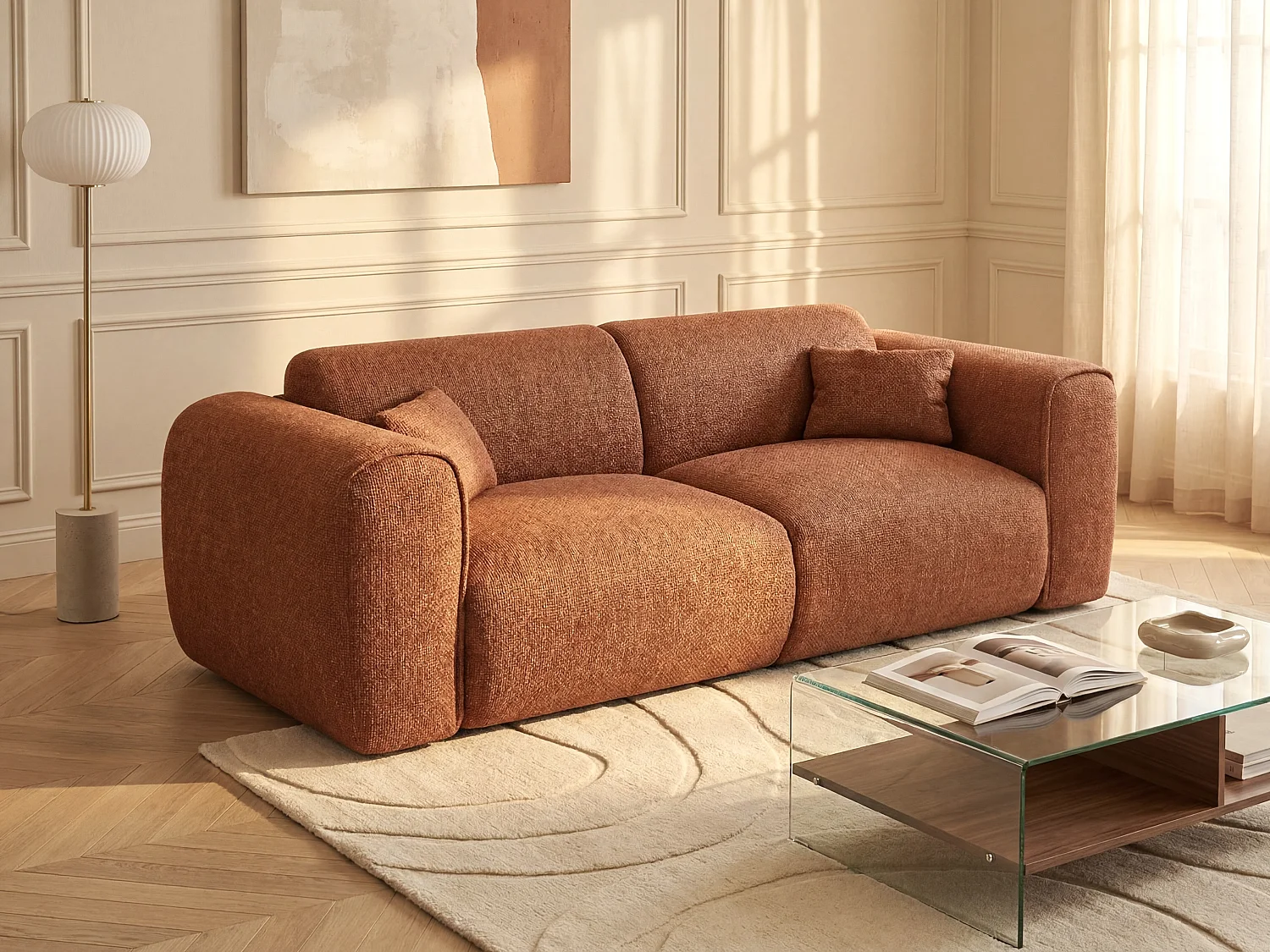 Canapé 3 places convertible express en tissu texturé terracotta - Couchage 140 cm - Matelas 13 cm mémoire de forme POGNIA