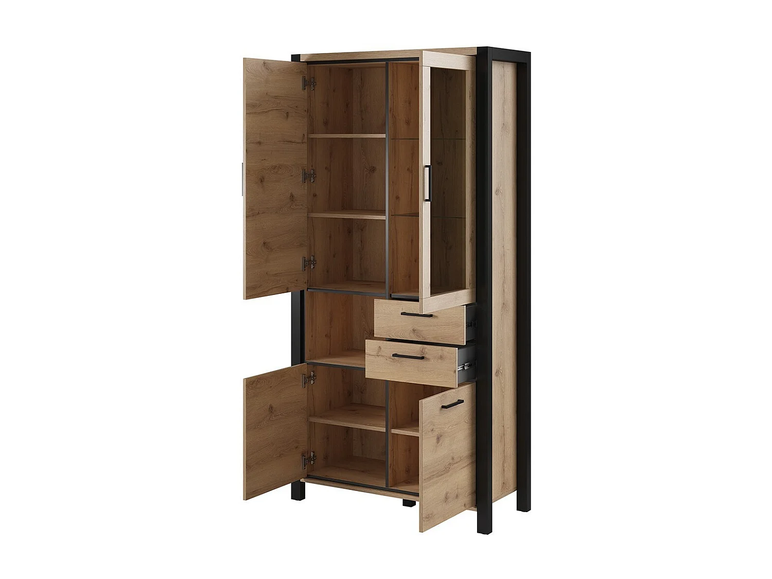 Vitrine hoch XL Kollektion TIVORA. Farbe Eiche und Schwarz