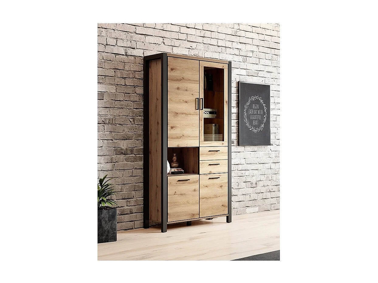 Vitrine hoch XL Kollektion TIVORA. Farbe Eiche und Schwarz