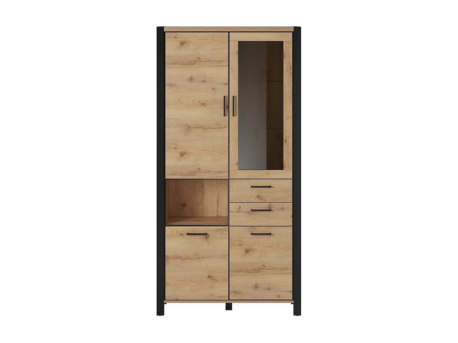 Vitrine hoch XL Kollektion TIVORA. Farbe Eiche und Schwarz