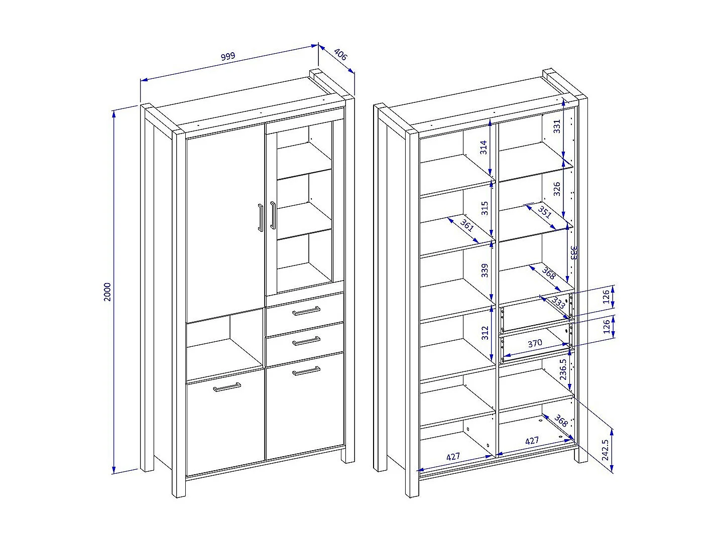 Vitrine hoch XL Kollektion TIVORA. Farbe Eiche und Schwarz