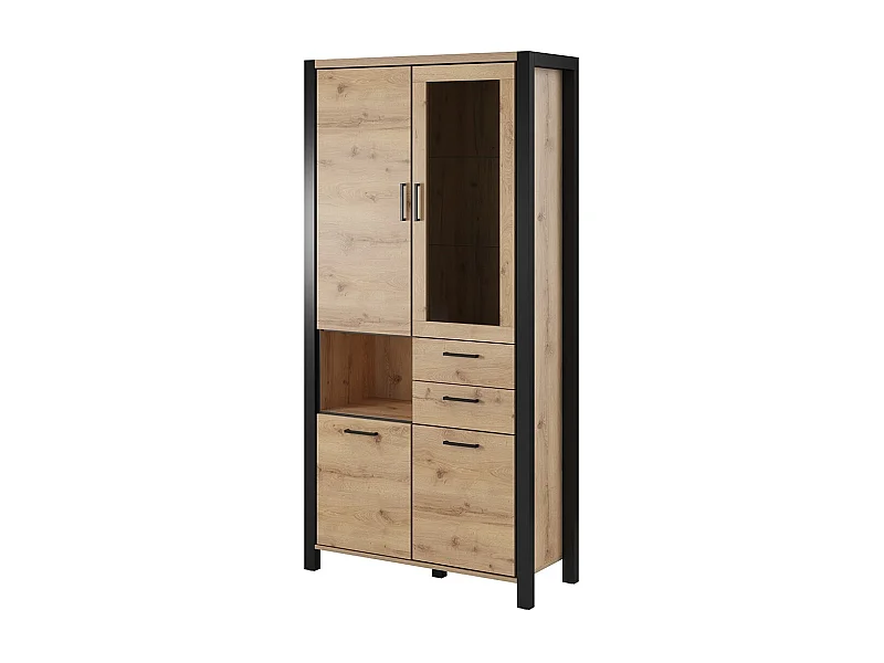 Vitrine hoch XL Kollektion TIVORA. Farbe Eiche und Schwarz