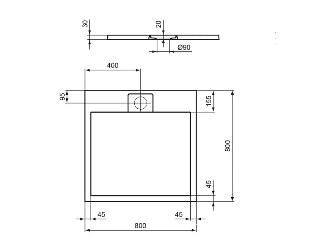 Receveur de douche antidérapant IDEAL STANDARD Ultra Flat S I.Life recoupable avec bonde longueur 80 x 80