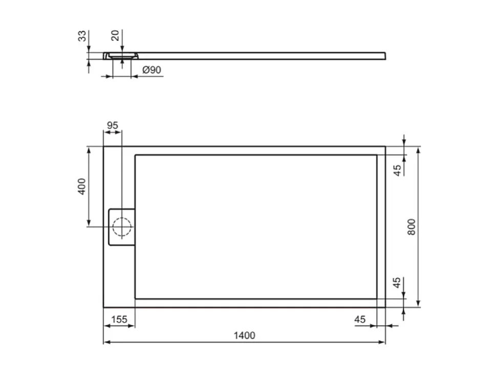 Receveur de douche antidérapant IDEAL STANDARD Ultra Flat S I.Life recoupable avec bonde largeur 140 x 80